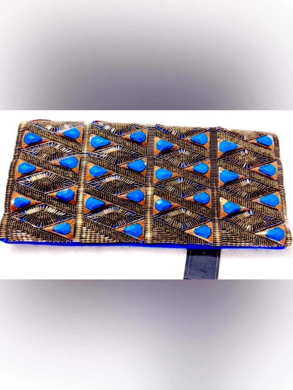 BCBG MAXAZRIA $298 retail RIHANNA
BEADED COLBALT BLUE SILK FOLDOVER CLUTCH NWT - Picture 2 of 10